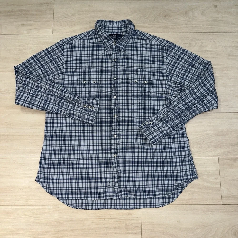Polo Ralph Lauren Western Pearl Snap Shirt Mens XL Blue Plaid Linen Cotton Blend